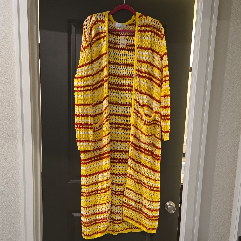 Free People Vibrant Yellow and Brown Striped Knit Cardigan